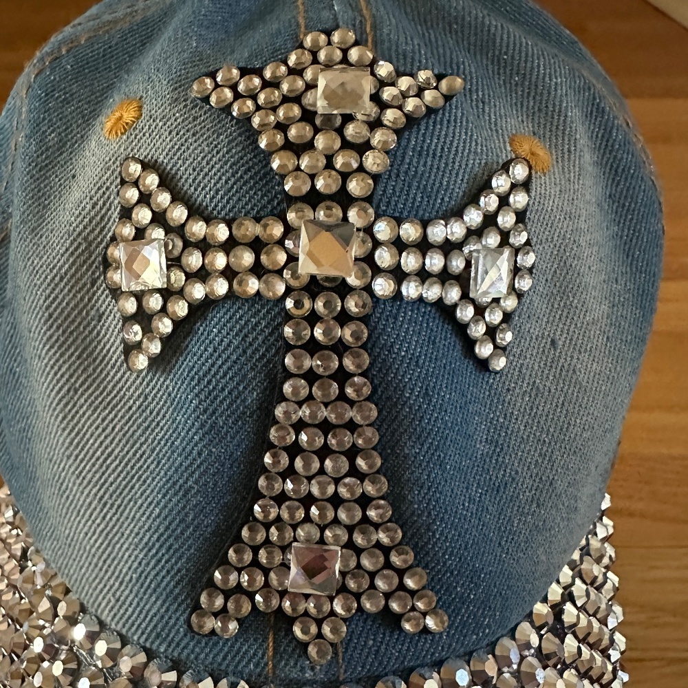 Bling Rhinestone Cross Cap Hat Indigo Soul Distressed Denim - Picture 6 of 13